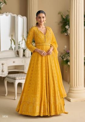 Yellow Embroidered Georgette Anarkali With Dupatta