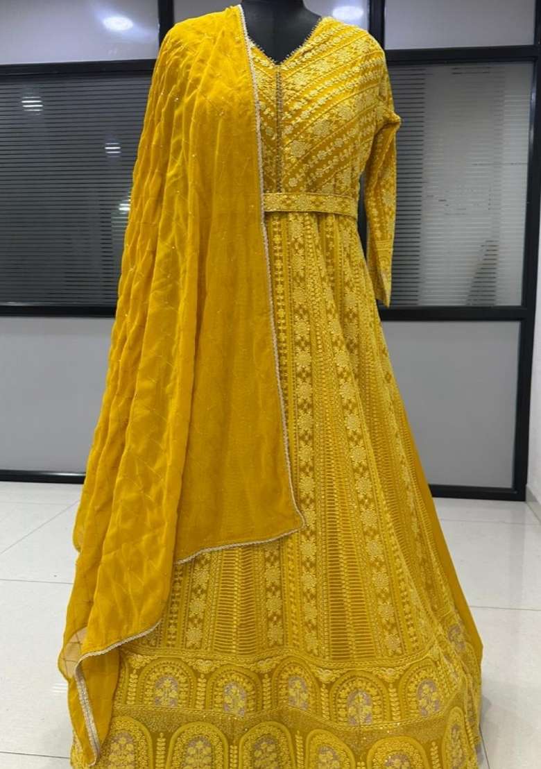 Yellow Embroidered Georgette Anarkali With Dupatta - Indya