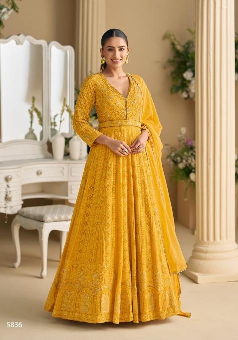 Yellow Embroidered Georgette Anarkali With Dupatta