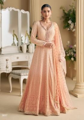 Peach Embroidered Georgette Anarkali With Dupatta