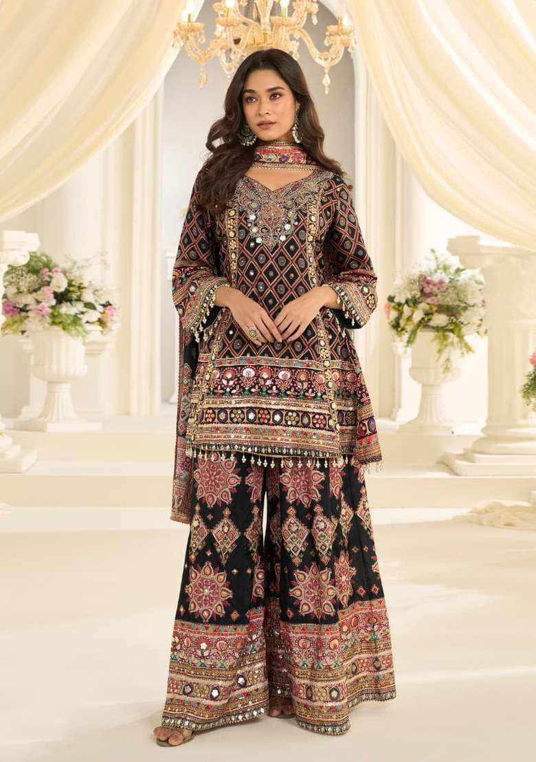Black Printed Crepe Salwar Kameez - Indya