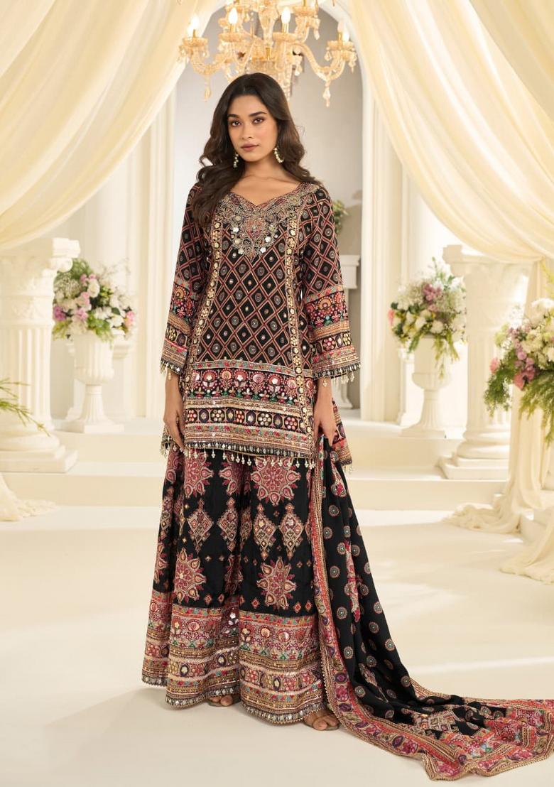 Black Printed Crepe Salwar Kameez - Indya