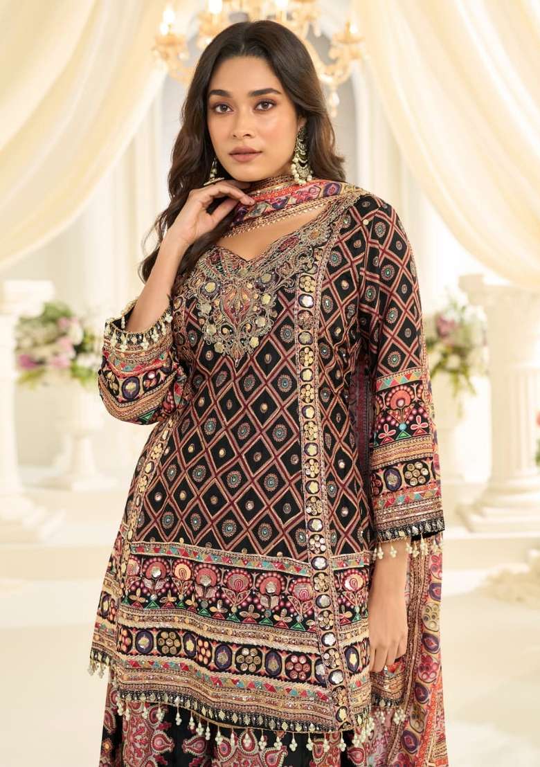 Black Printed Crepe Salwar Kameez - Indya