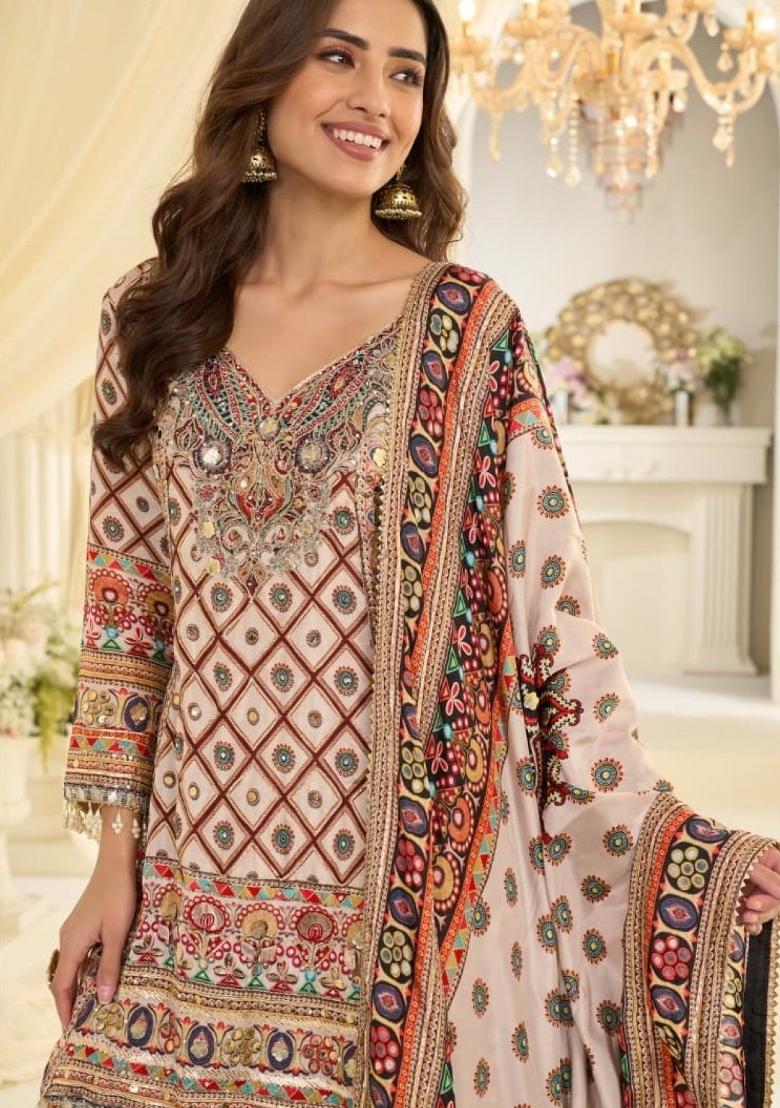 White Printed Crepe Salwar Kameez - Indya