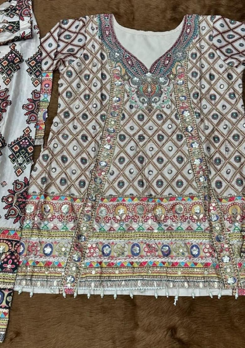 White Printed Crepe Salwar Kameez - Indya
