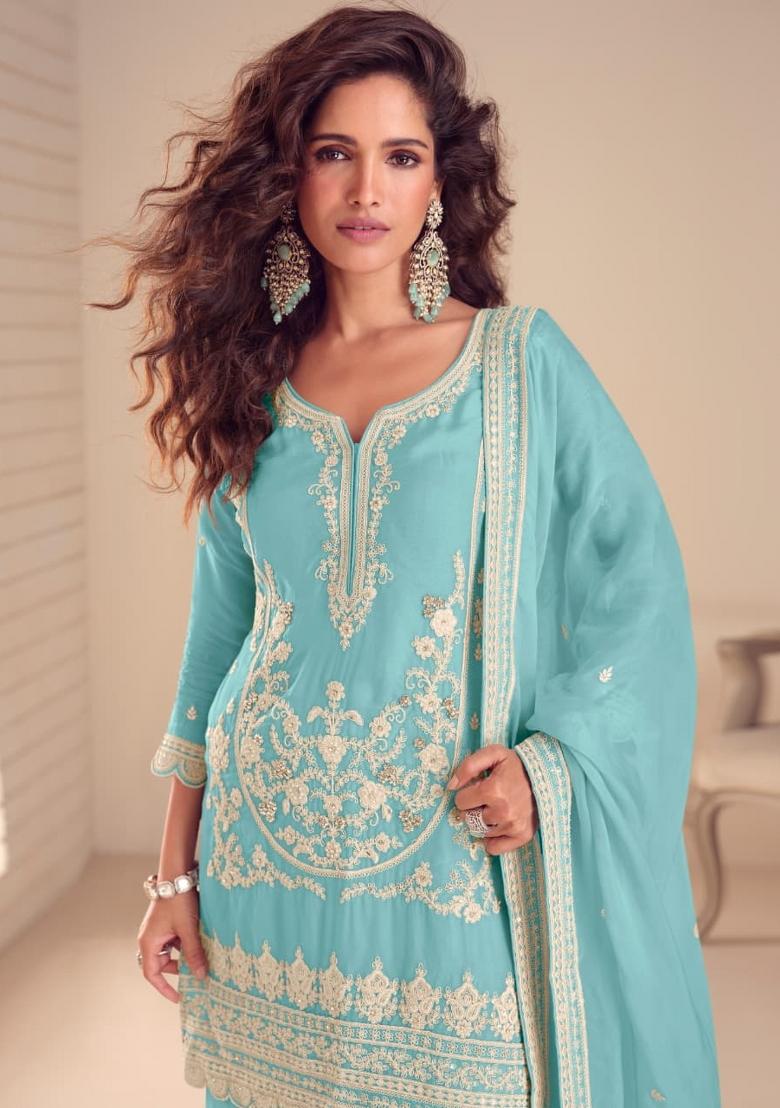 Sky Blue Embroidered Silk Blend Salwar Kameez - Indya