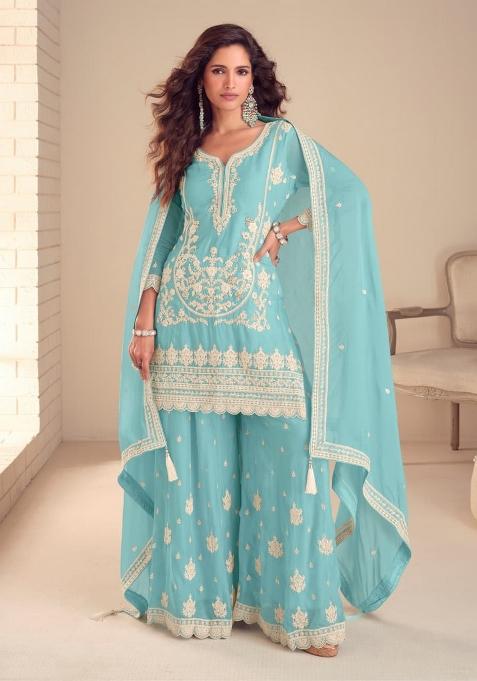 Sky Blue Embroidered Silk Salwar Kameez