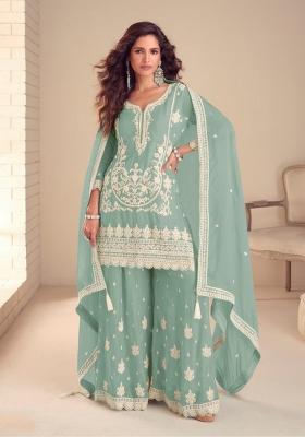 Turquoise Embroidered Silk Blend Salwar Kameez
