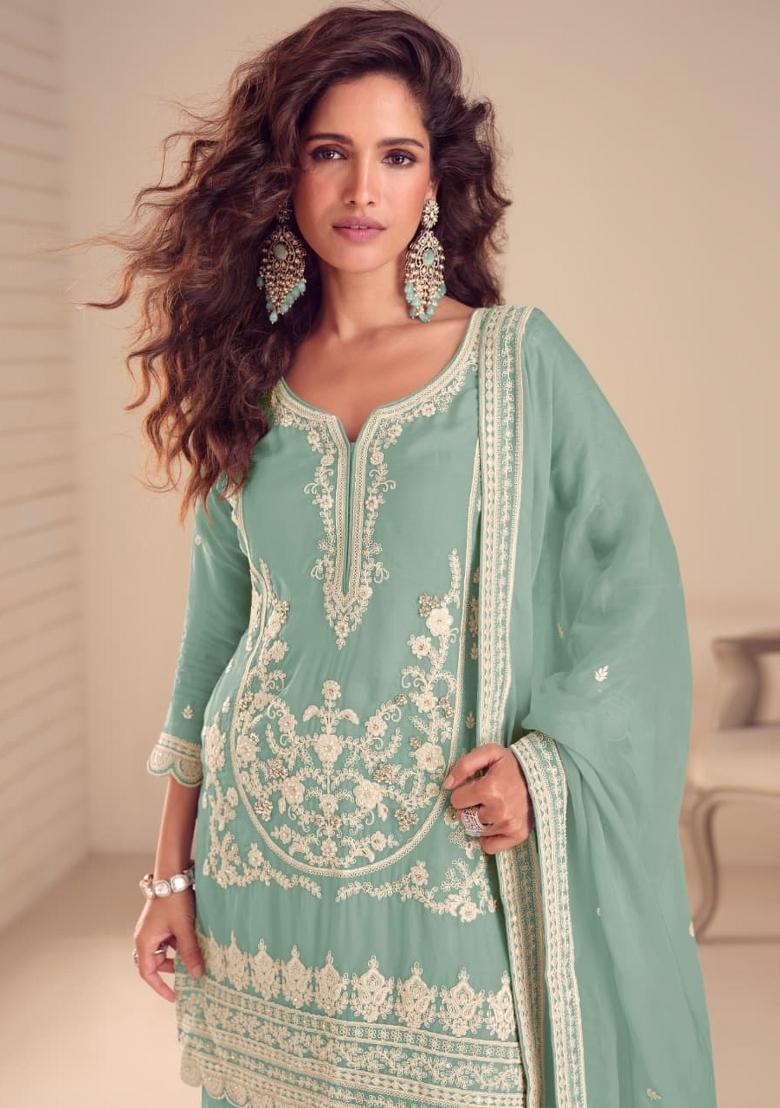 Turquoise Embroidered Silk Blend Salwar Kameez - Indya