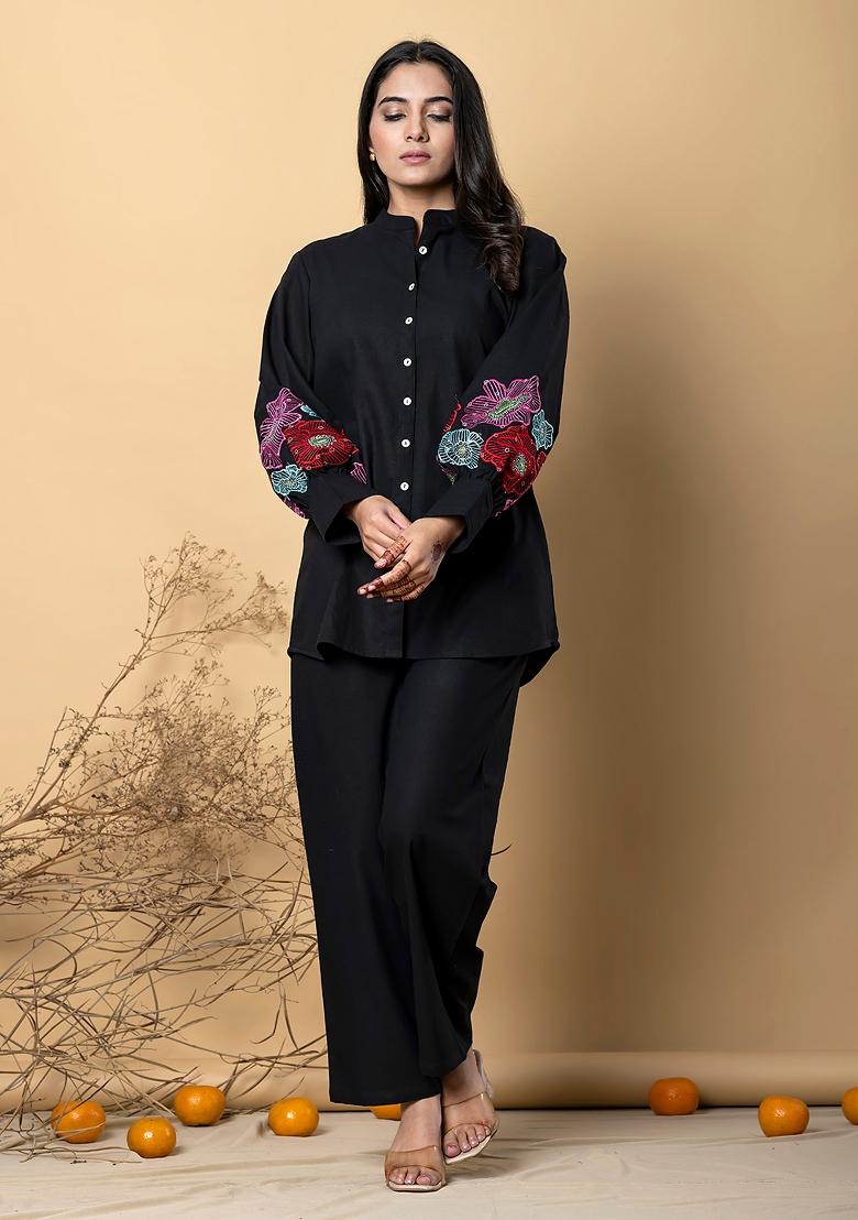 Black Embellished Cotton Co-Ord Set - Indya