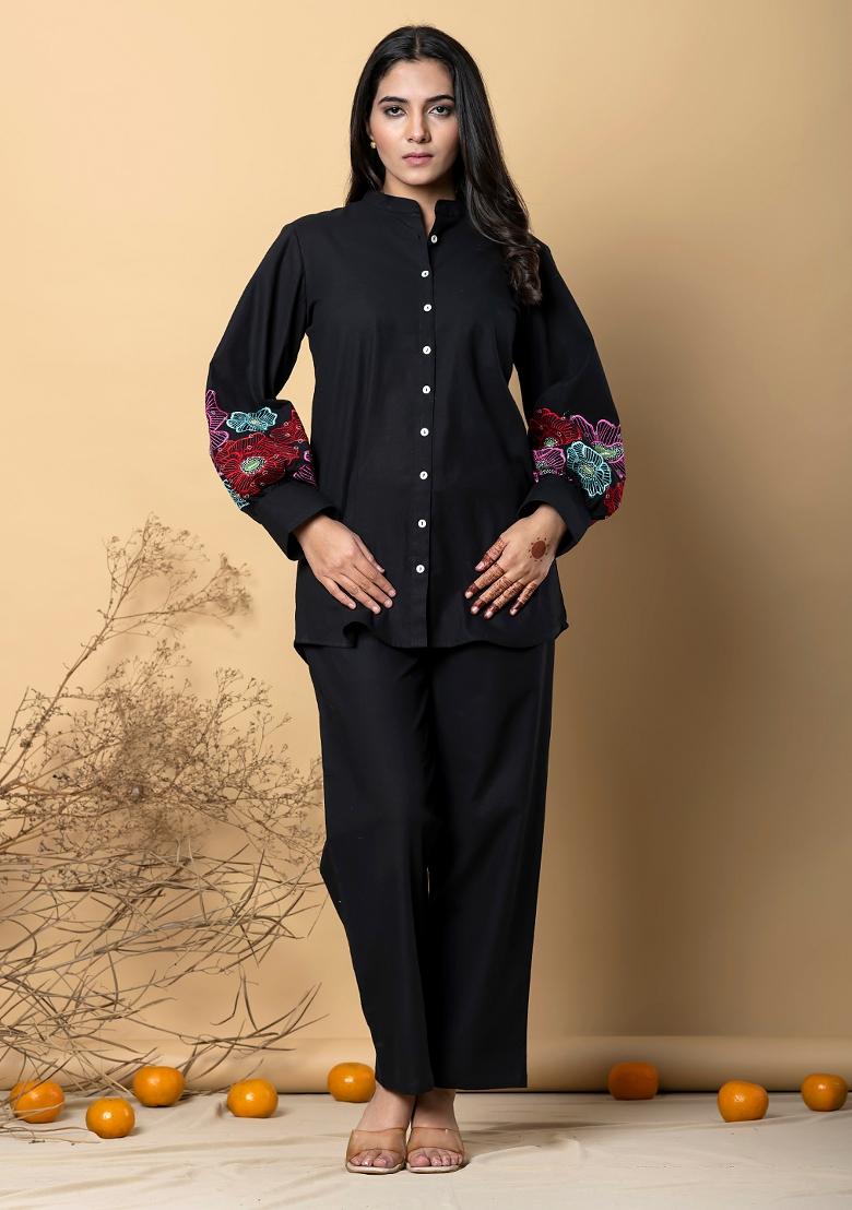 Black Embellished Cotton Co-Ord Set - Indya