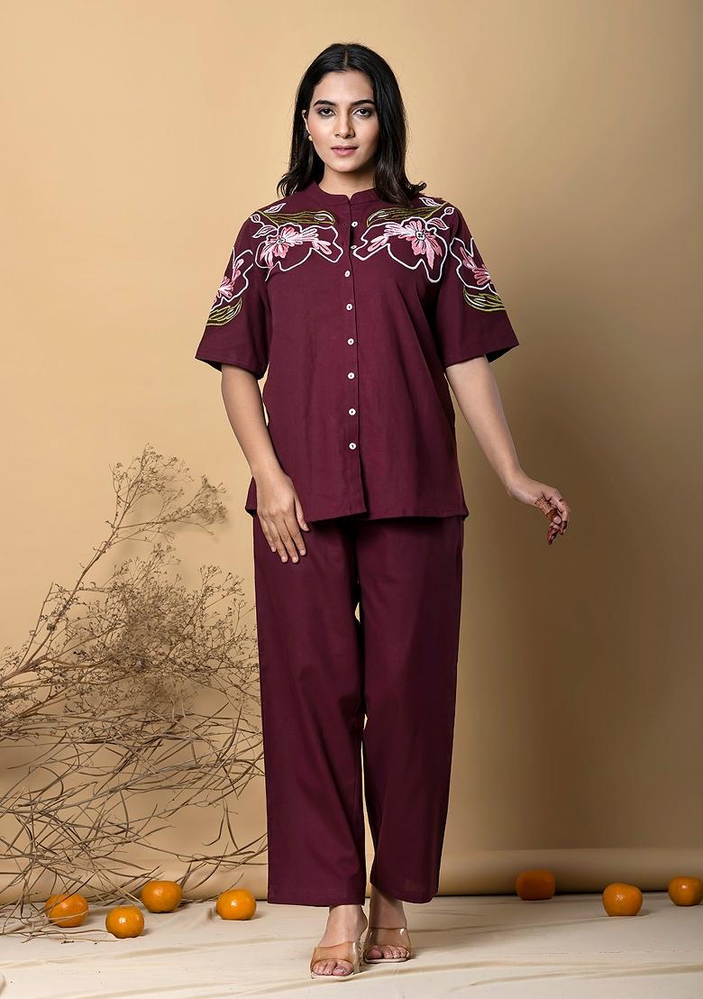 Dark Maroon Embellished Cotton Co-Ord Set - Indya