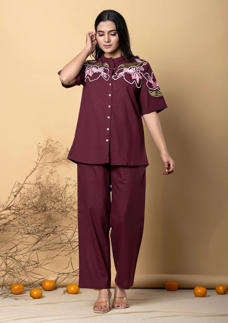 Dark Maroon Embellished Cotton Co-Ord Set - Indya