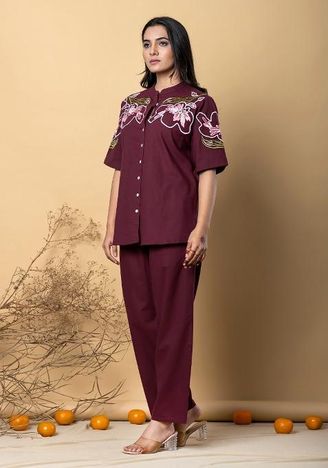 Dark Maroon Embellished Cotton Co-Ord Set