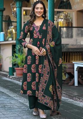 Teal Green Embellished Cotton A-Line Kurta Set