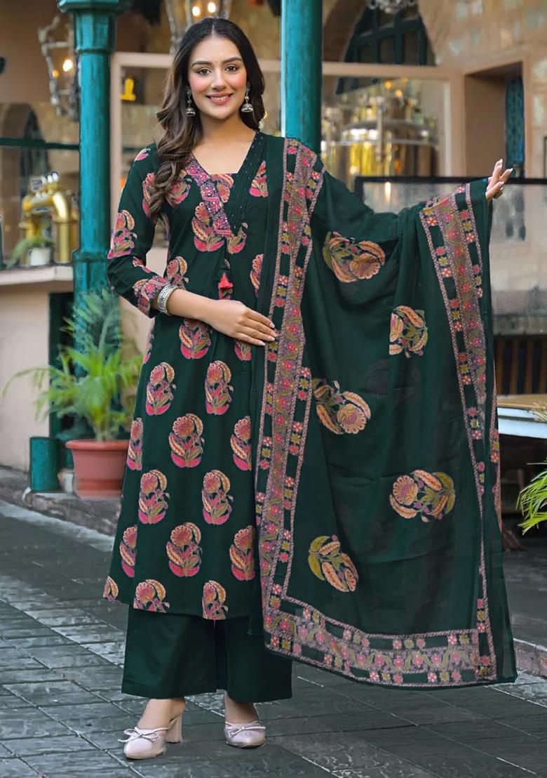 Teal Green Embellished Cotton A-Line Kurta Set - Indya