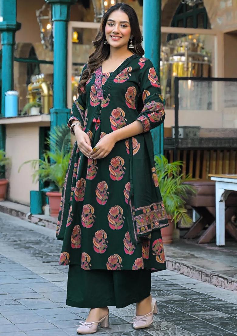 Teal Green Embellished Cotton A-Line Kurta Set - Indya