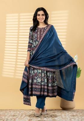 Blue Embellished Cotton Anarkali Set