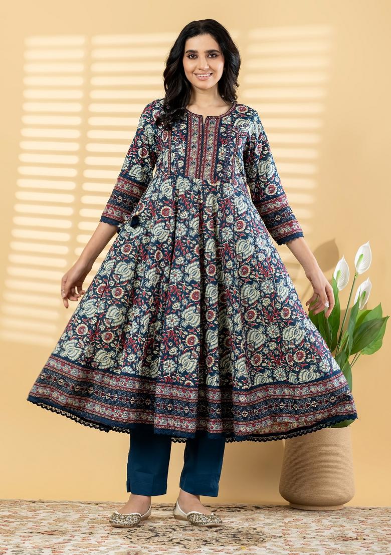 Blue Embellished Cotton Anarkali Set - Indya