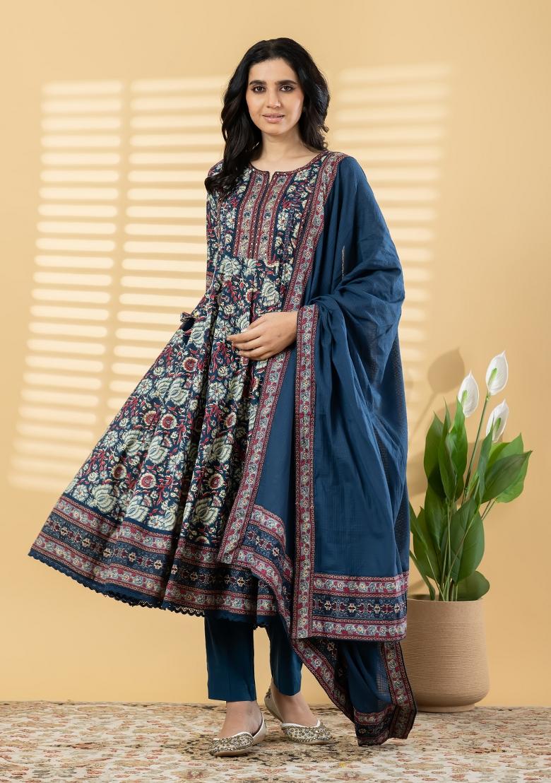 Blue Embellished Cotton Anarkali Set - Indya