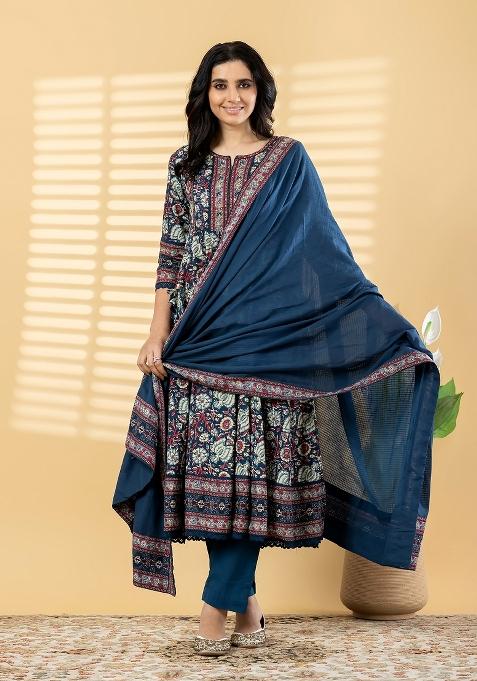 Blue Embellished Cotton Anarkali Set