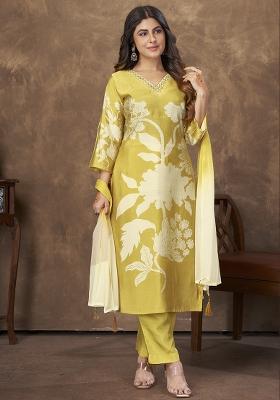 Yellow Printed Chanderi Kurta Set