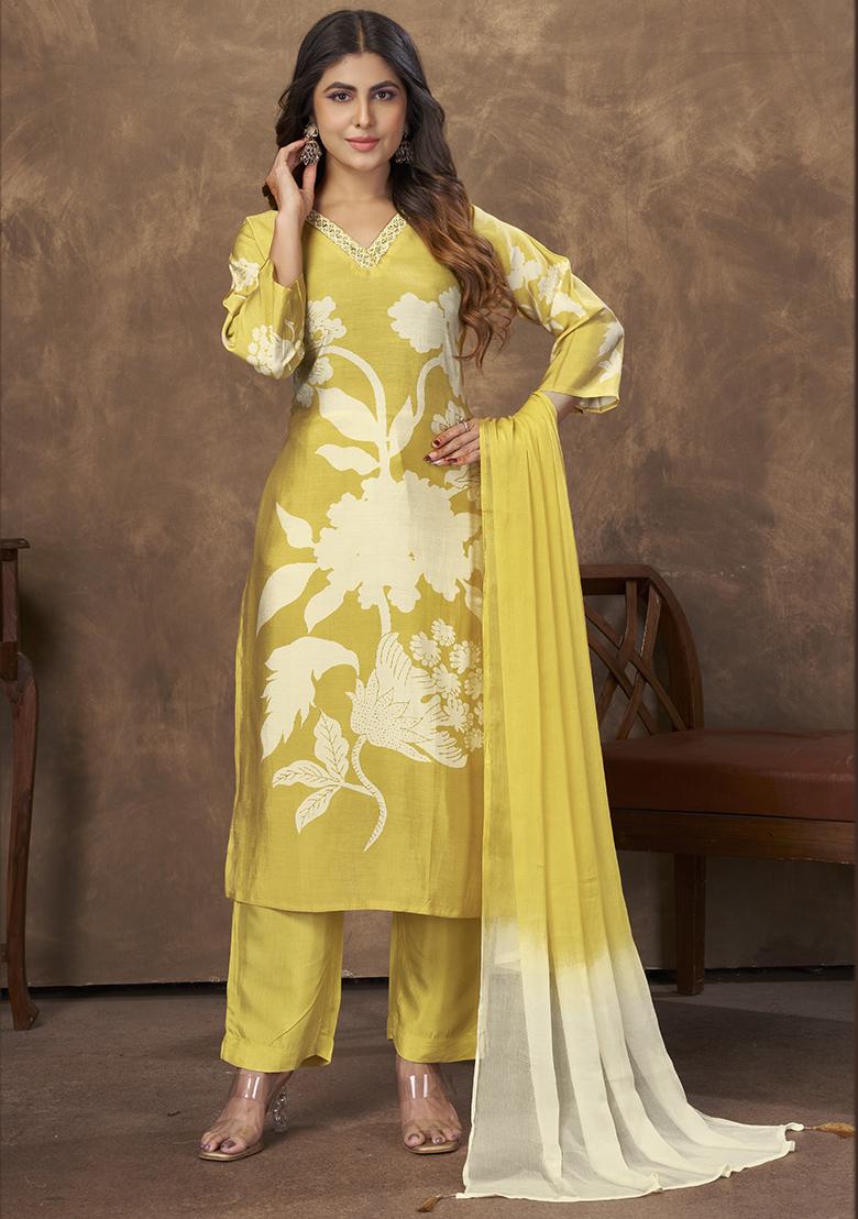 Yellow Printed Chanderi Kurta Set - Indya