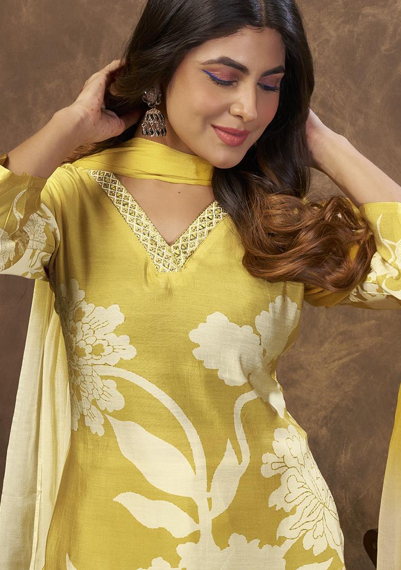 Yellow Printed Chanderi Kurta Set - Indya
