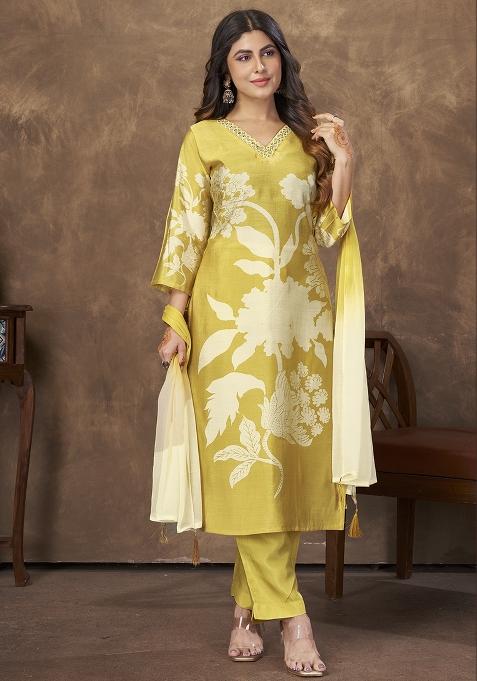 Yellow Printed Chanderi Kurta Set