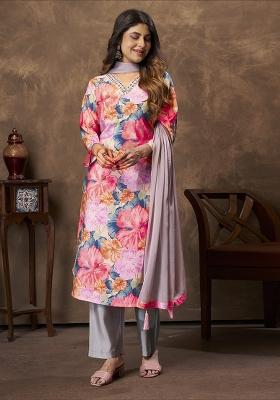 Pink Printed Chanderi Kurta Set