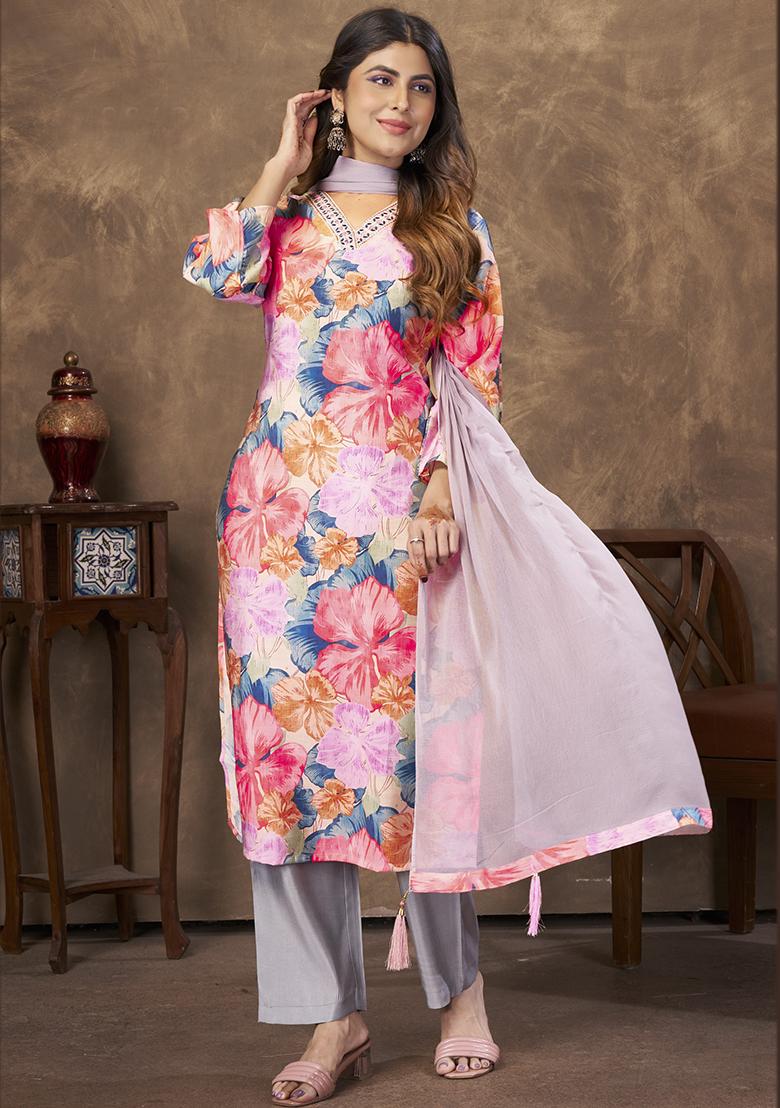 Pink Printed Chanderi Kurta Set - Indya