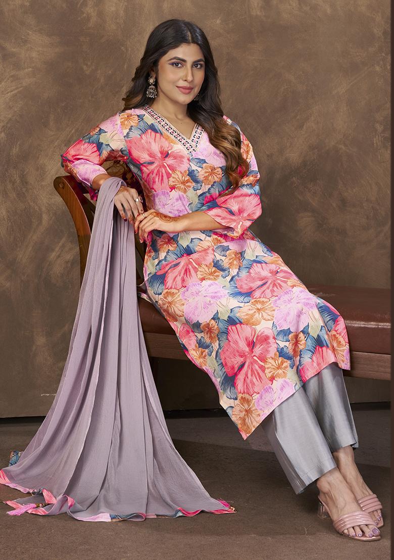Pink Printed Chanderi Kurta Set - Indya