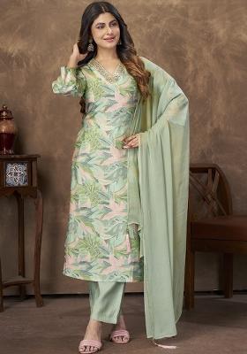 Light Green Printed Chanderi Kurta Set