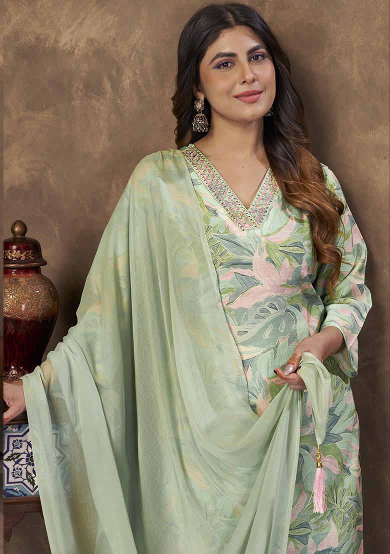 Light Green Printed Chanderi Kurta Set - Indya