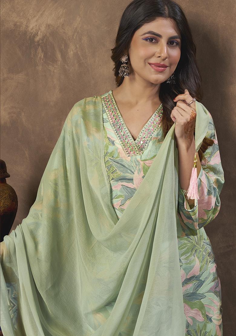 Light Green Printed Chanderi Kurta Set - Indya