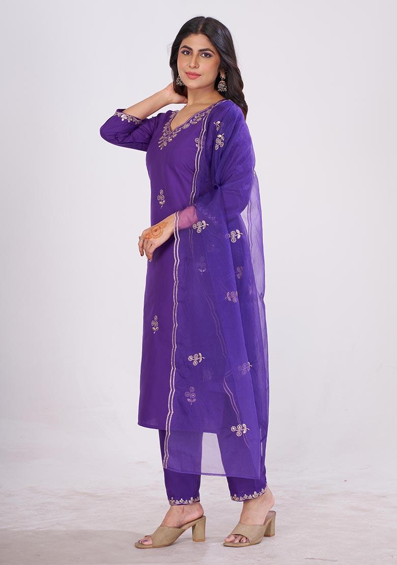 Purple Embroidered Cotton Kurta Set - Indya