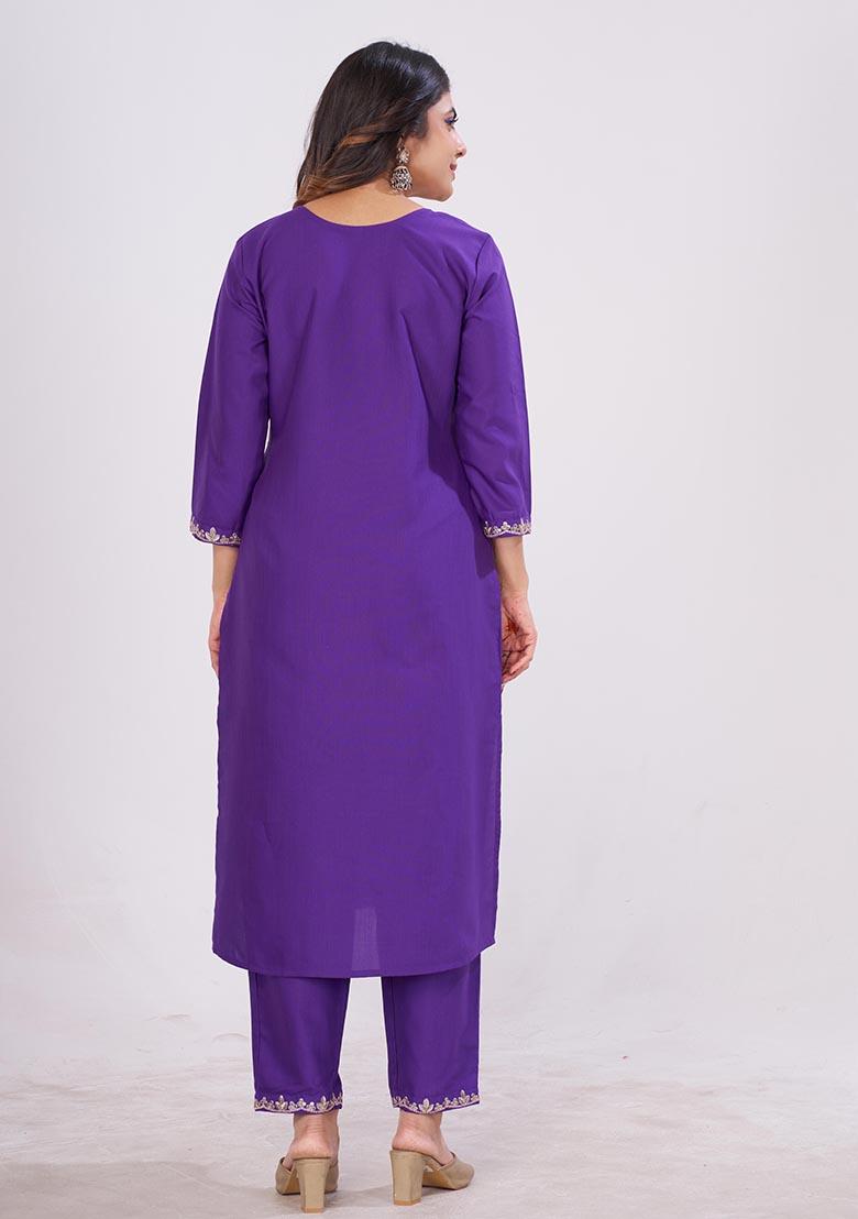 Purple Embroidered Cotton Kurta Set - Indya