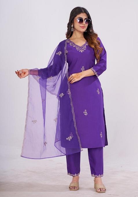 Purple Embroidered Cotton Kurta Set