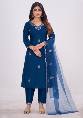 Blue Embroidered Cotton Kurta Set