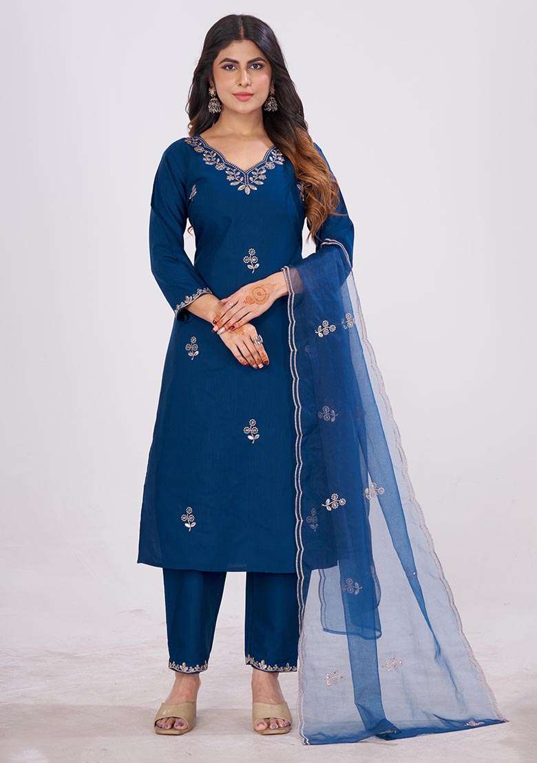 Blue Embroidered Cotton Kurta Set - Indya