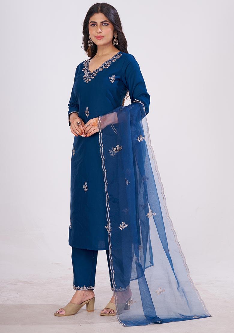 Blue Embroidered Cotton Kurta Set - Indya