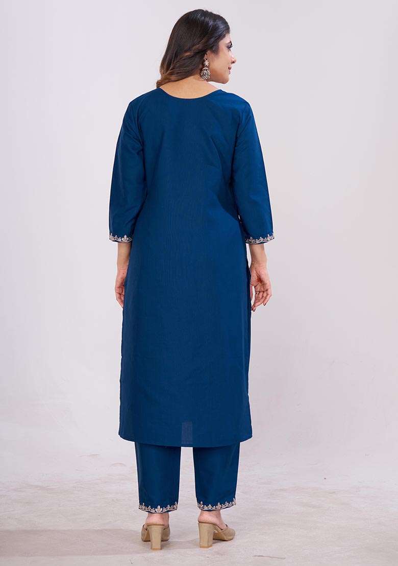 Blue Embroidered Cotton Kurta Set - Indya