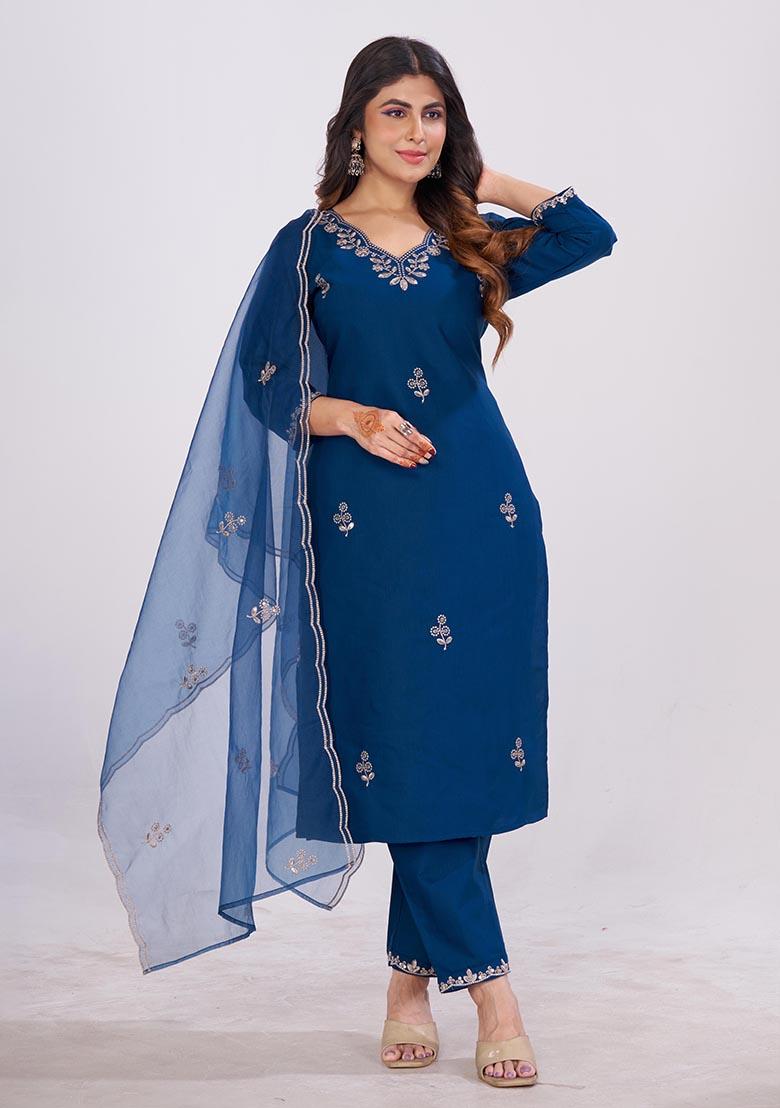 Blue Embroidered Cotton Kurta Set - Indya