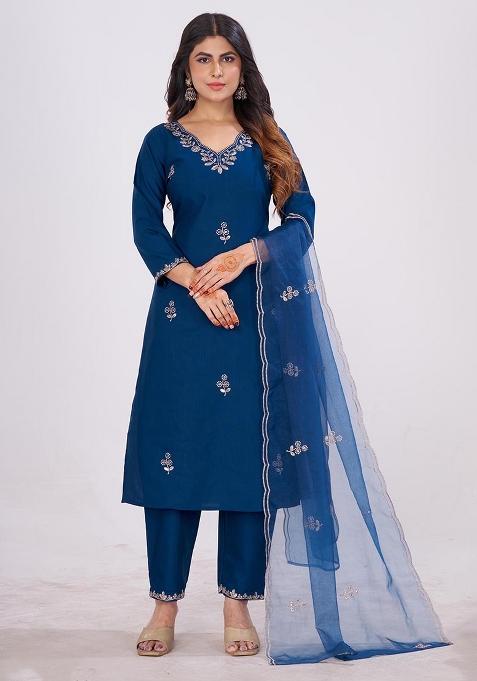 Blue Embroidered Cotton Kurta Set