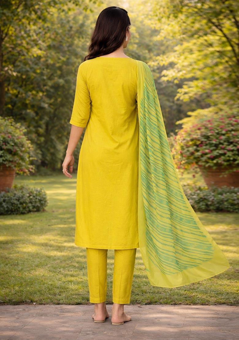 Yellow Embroidered Cotton Kurta Set - Indya
