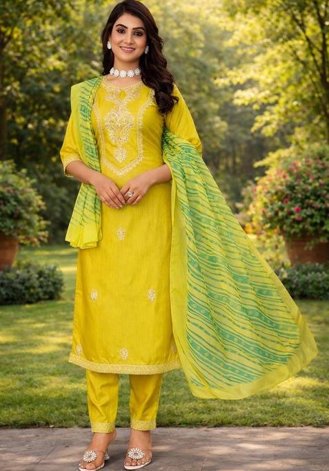 Yellow Embroidered Cotton Kurta Set
