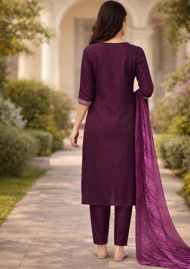 Wine Embroidered Cotton Kurta Set - Indya