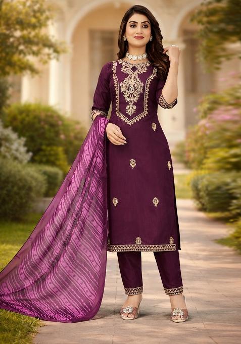 Wine Embroidered Cotton Kurta Set