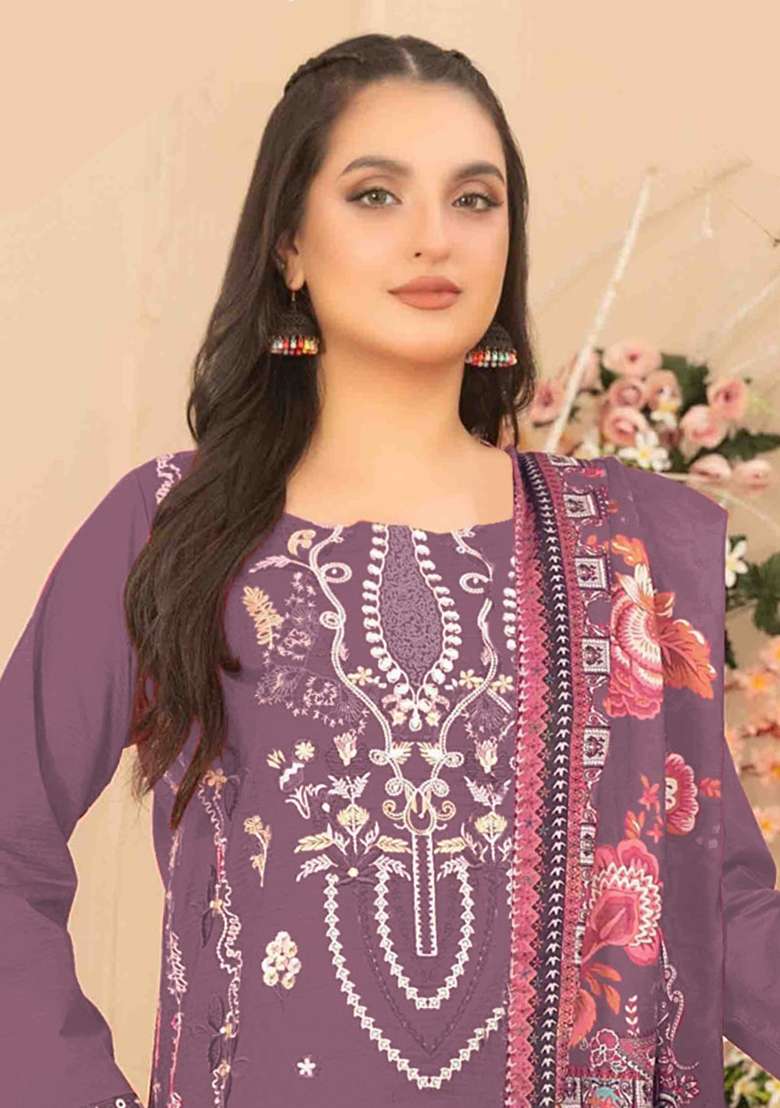 Mauve Embroidered Cotton Kurta Set - Indya