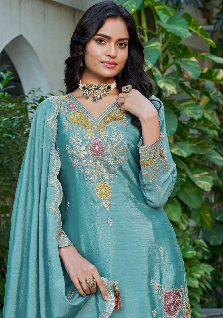 Sky Blue Embroidered Chinon Kurta Set - Indya